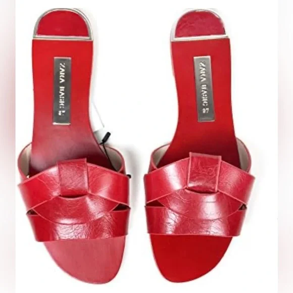 Zara Genuine Leather Red Crossover Slide Sandal Slipper Flat Shoes 37 / 6.5 NWT - Picture 2 of 13